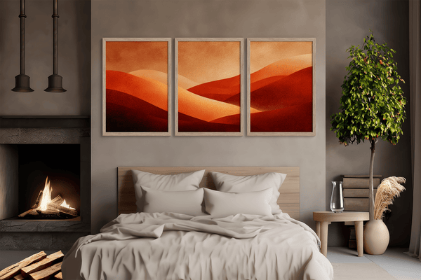 Framed desert sunset triptych wall art in warm red and amber tones. A soft, minimalist watercolour print that brings warmth and calm.