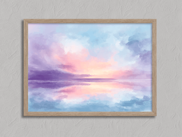 Bring softness and serenity to your home with Dreamlight Horizon, a pastel abstract sunrise fine art print in pinks, blues, and violets.