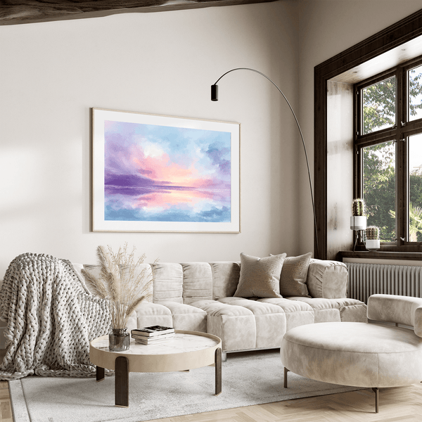Bring softness and serenity to your home with Dreamlight Horizon, a pastel abstract sunrise fine art print in pinks, blues, and violets.