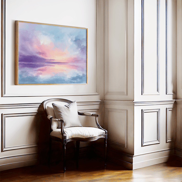 Bring softness and serenity to your home with Dreamlight Horizon, a pastel abstract sunrise fine art print in pinks, blues, and violets.