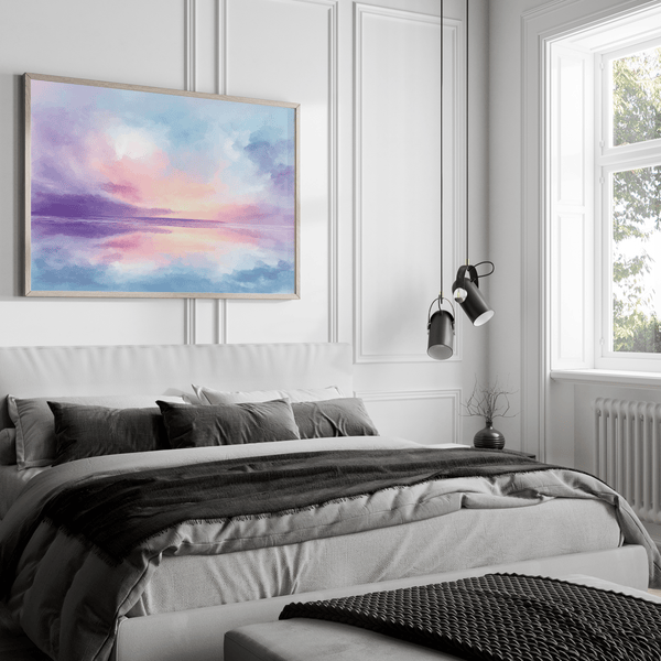 Bring softness and serenity to your home with Dreamlight Horizon, a pastel abstract sunrise fine art print in pinks, blues, and violets.