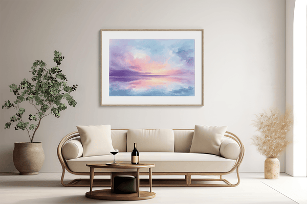Bring softness and serenity to your home with Dreamlight Horizon, a pastel abstract sunrise fine art print in pinks, blues, and violets.