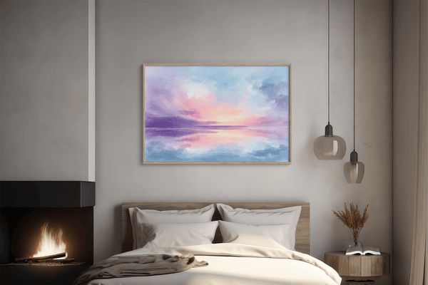Bring softness and serenity to your home with Dreamlight Horizon, a pastel abstract sunrise fine art print in pinks, blues, and violets.