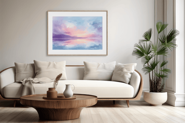 Bring softness and serenity to your home with Dreamlight Horizon, a pastel abstract sunrise fine art print in pinks, blues, and violets.