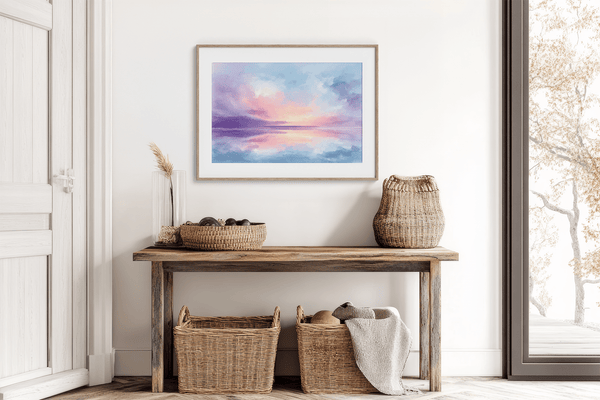 Bring softness and serenity to your home with Dreamlight Horizon, a pastel abstract sunrise fine art print in pinks, blues, and violets.