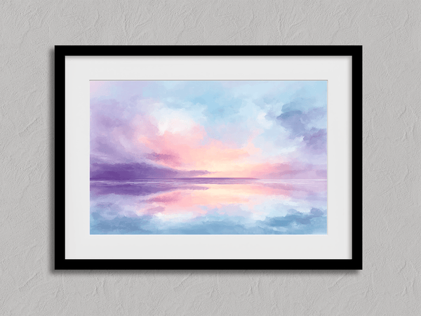Bring softness and serenity to your home with Dreamlight Horizon, a pastel abstract sunrise fine art print in pinks, blues, and violets.