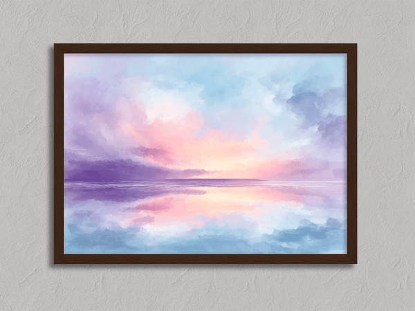 Bring softness and serenity to your home with Dreamlight Horizon, a pastel abstract sunrise fine art print in pinks, blues, and violets.