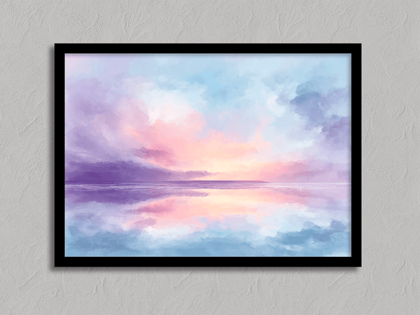 Bring softness and serenity to your home with Dreamlight Horizon, a pastel abstract sunrise fine art print in pinks, blues, and violets.