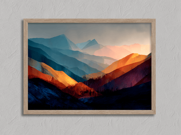 Framed wall art of layered mountains in twilight tones. Deep blues and sienna hues bring bold calm.