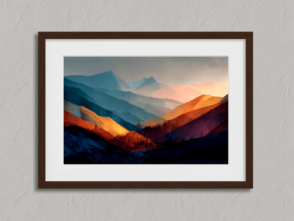 Framed wall art of layered mountains in twilight tones. Deep blues and sienna hues bring bold calm.