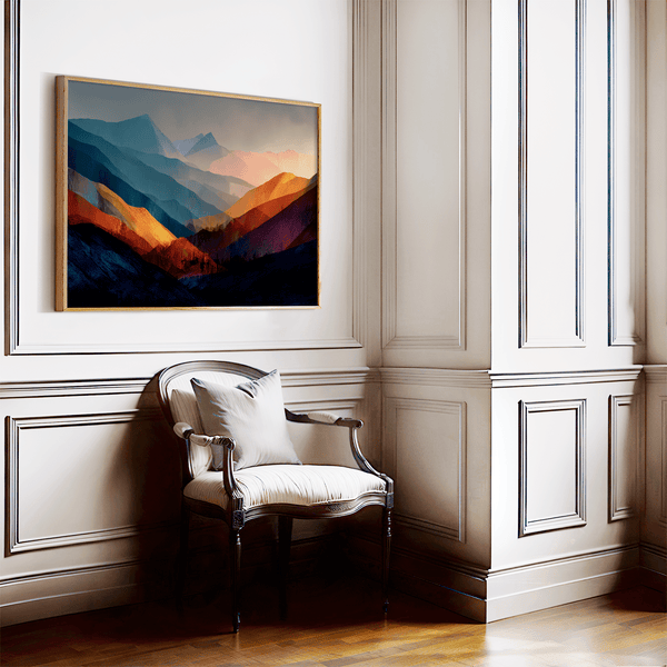 Framed wall art of layered mountains in twilight tones. Deep blues and sienna hues bring bold calm.