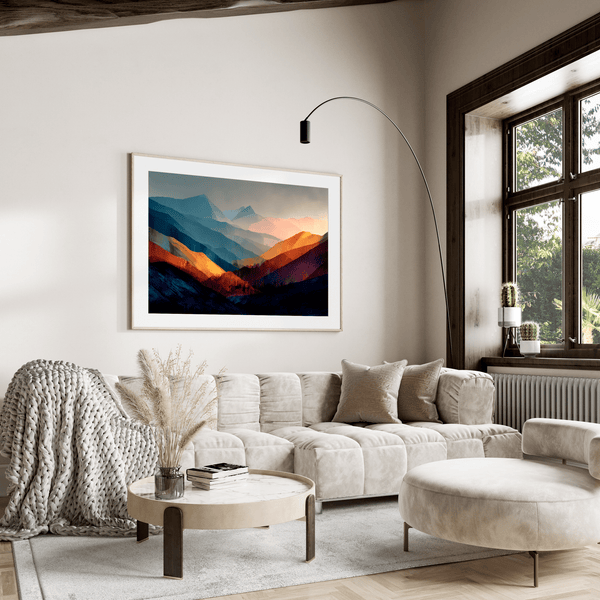 Framed wall art of layered mountains in twilight tones. Deep blues and sienna hues bring bold calm.