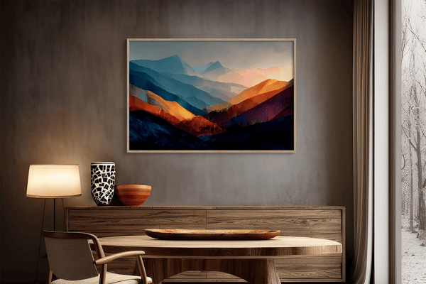 Framed wall art of layered mountains in twilight tones. Deep blues and sienna hues bring bold calm.