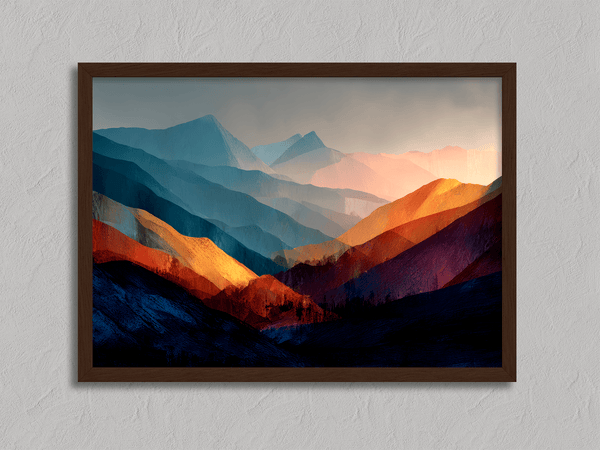 Framed wall art of layered mountains in twilight tones. Deep blues and sienna hues bring bold calm.
