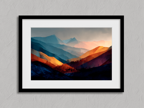 Framed wall art of layered mountains in twilight tones. Deep blues and sienna hues bring bold calm.