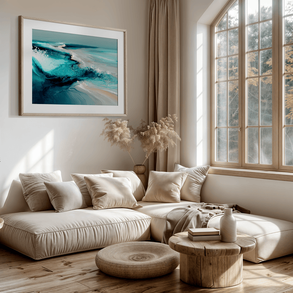 Framed wall art of abstract ocean waves in deep indigo, teal, and white. A calming coastal piece that’s ready to hang.