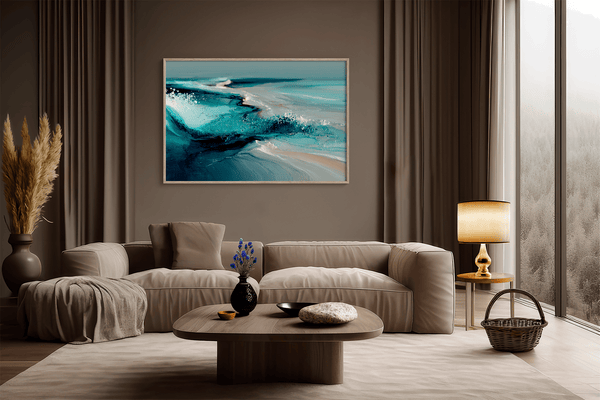 Framed wall art of abstract ocean waves in deep indigo, teal, and white. A calming coastal piece that’s ready to hang.