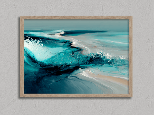 Framed wall art of abstract ocean waves in deep indigo, teal, and white. A calming coastal piece that’s ready to hang.