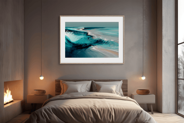 Framed wall art of abstract ocean waves in deep indigo, teal, and white. A calming coastal piece that’s ready to hang.