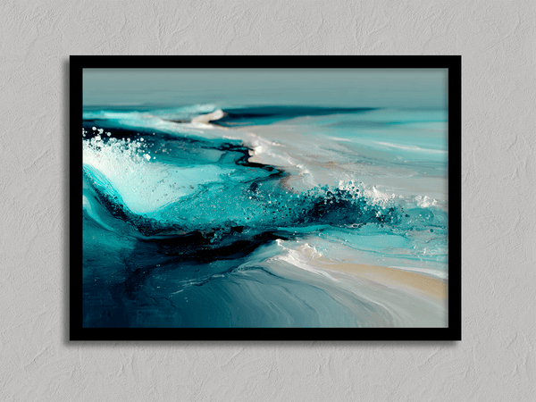 Framed wall art of abstract ocean waves in deep indigo, teal, and white. A calming coastal piece that’s ready to hang.