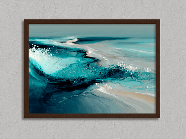 Framed wall art of abstract ocean waves in deep indigo, teal, and white. A calming coastal piece that’s ready to hang.
