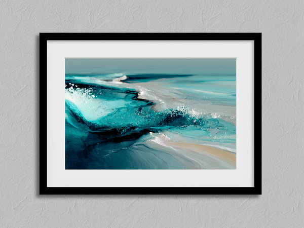 Framed wall art of abstract ocean waves in deep indigo, teal, and white. A calming coastal piece that’s ready to hang.