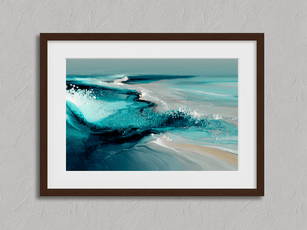 Framed wall art of abstract ocean waves in deep indigo, teal, and white. A calming coastal piece that’s ready to hang.