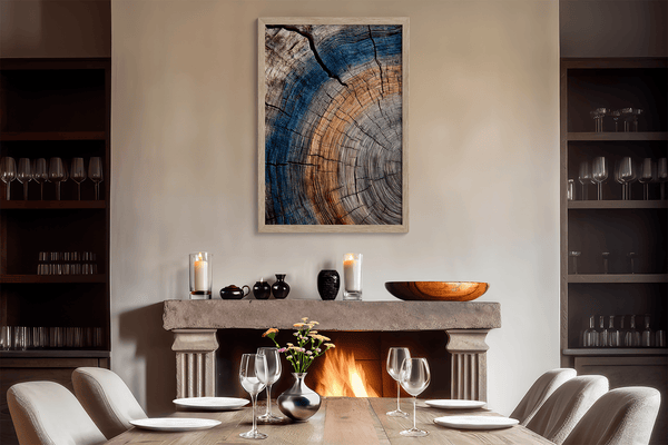 Framed fine art print of tree ring textures in warm browns and cool blues. A striking, timeless piece of nature-inspired wall art.