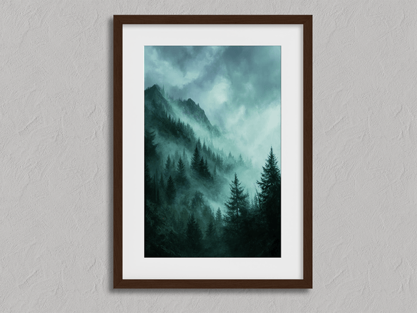 Framed wall art of a mystical mountain scene in emerald and teal hues. A tranquil, enchanting landscape print. Ready to hang.