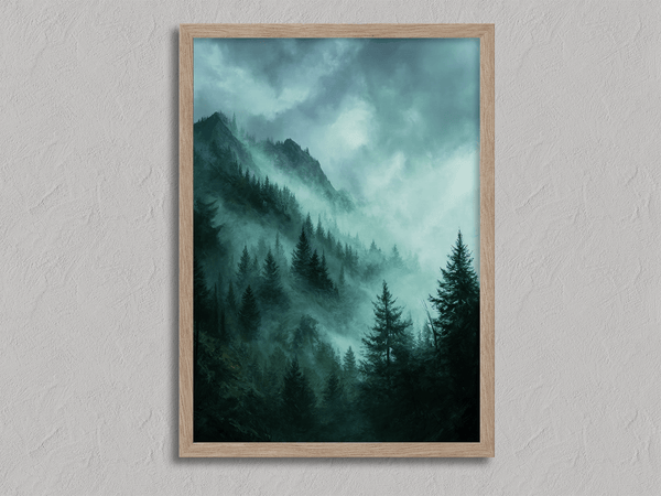 Framed wall art of a mystical mountain scene in emerald and teal hues. A tranquil, enchanting landscape print. Ready to hang.