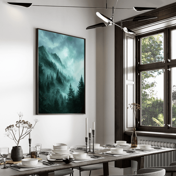 Framed wall art of a mystical mountain scene in emerald and teal hues. A tranquil, enchanting landscape print. Ready to hang.