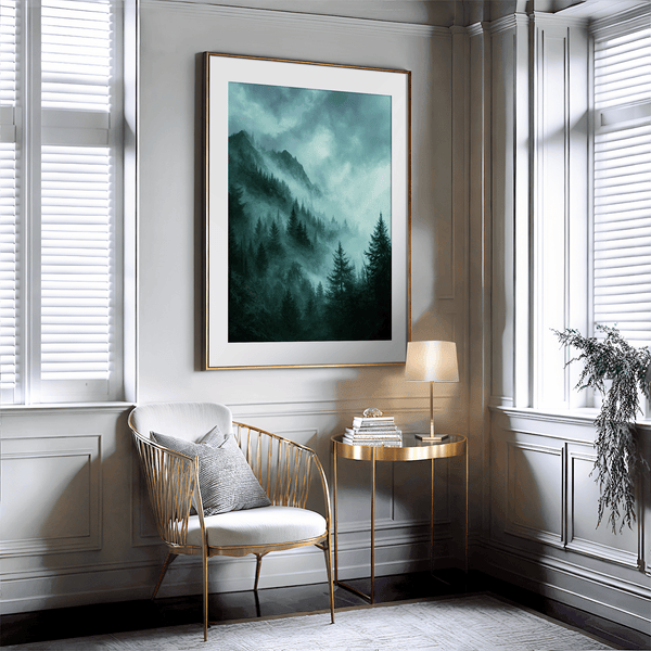 Framed wall art of a mystical mountain scene in emerald and teal hues. A tranquil, enchanting landscape print. Ready to hang.