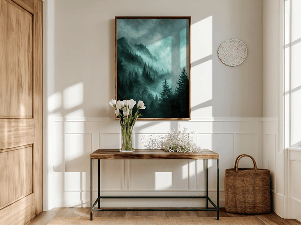 Framed wall art of a mystical mountain scene in emerald and teal hues. A tranquil, enchanting landscape print. Ready to hang.