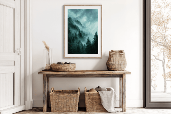 Framed wall art of a mystical mountain scene in emerald and teal hues. A tranquil, enchanting landscape print. Ready to hang.