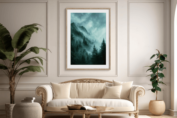 Framed wall art of a mystical mountain scene in emerald and teal hues. A tranquil, enchanting landscape print. Ready to hang.