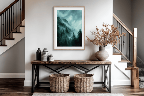 Framed wall art of a mystical mountain scene in emerald and teal hues. A tranquil, enchanting landscape print. Ready to hang.
