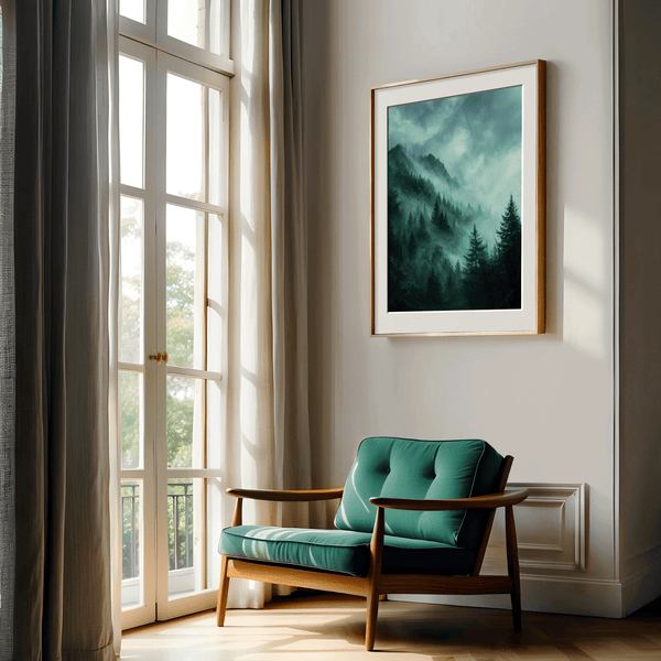 Framed wall art of a mystical mountain scene in emerald and teal hues. A tranquil, enchanting landscape print. Ready to hang.