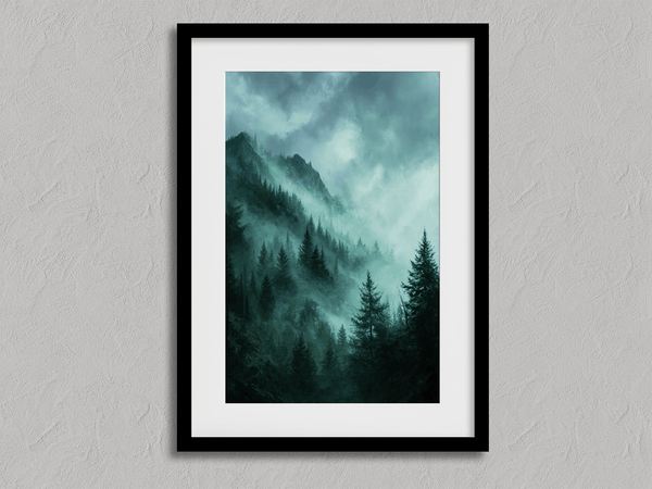 Framed wall art of a mystical mountain scene in emerald and teal hues. A tranquil, enchanting landscape print. Ready to hang.