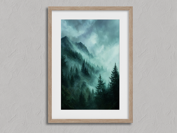 Framed wall art of a mystical mountain scene in emerald and teal hues. A tranquil, enchanting landscape print. Ready to hang.
