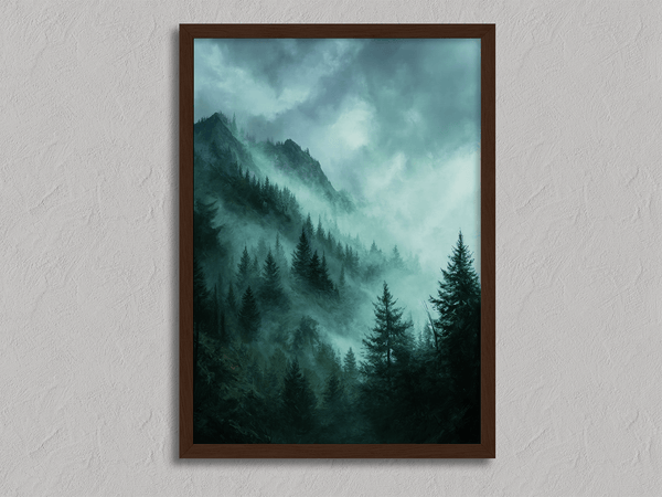 Framed wall art of a mystical mountain scene in emerald and teal hues. A tranquil, enchanting landscape print. Ready to hang.