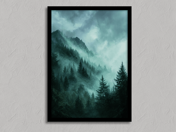 Framed wall art of a mystical mountain scene in emerald and teal hues. A tranquil, enchanting landscape print. Ready to hang.