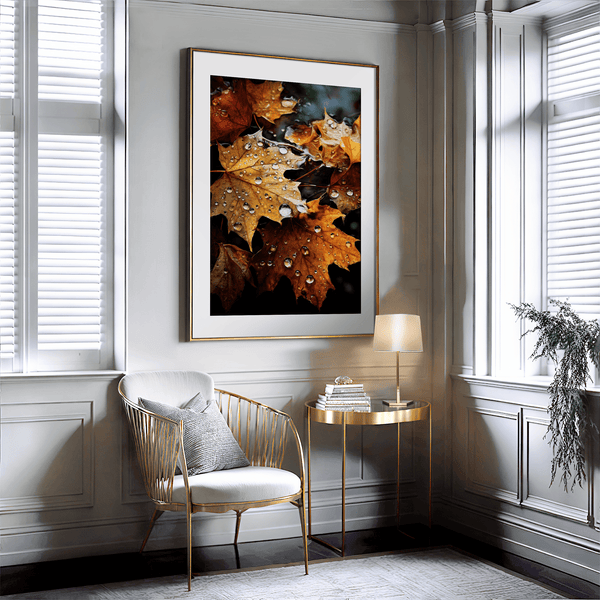 Framed wall art of crimson, amber, and sienna maple leaves with glistening droplets. A radiant autumn foliage print. Ready to hang.
