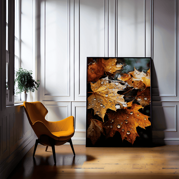 Framed wall art of crimson, amber, and sienna maple leaves with glistening droplets. A radiant autumn foliage print. Ready to hang.