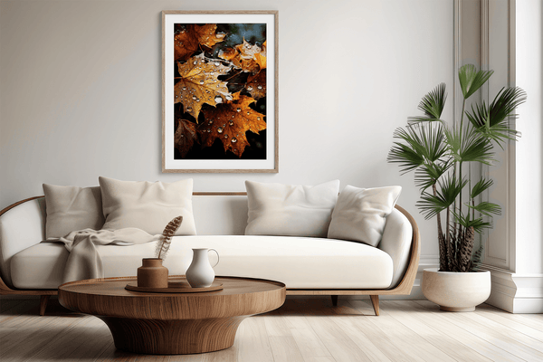 Framed wall art of crimson, amber, and sienna maple leaves with glistening droplets. A radiant autumn foliage print. Ready to hang.