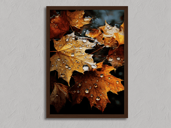 Framed wall art of crimson, amber, and sienna maple leaves with glistening droplets. A radiant autumn foliage print. Ready to hang.