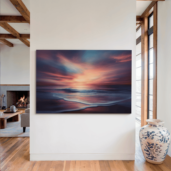 Canvas wall art of a tranquil beach at sunset in warm orange, pink, and purple tones. A calming golden hour print, ready to hang.