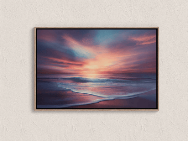 Canvas wall art of a tranquil beach at sunset in warm orange, pink, and purple tones. A calming golden hour print, ready to hang.