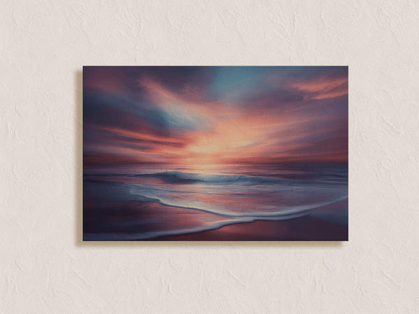 Canvas wall art of a tranquil beach at sunset in warm orange, pink, and purple tones. A calming golden hour print, ready to hang.