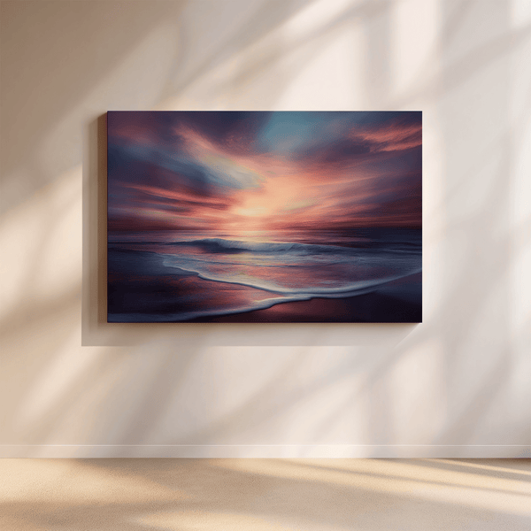 Canvas wall art of a tranquil beach at sunset in warm orange, pink, and purple tones. A calming golden hour print, ready to hang.
