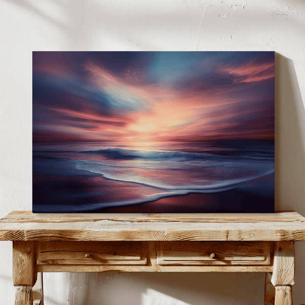 Canvas wall art of a tranquil beach at sunset in warm orange, pink, and purple tones. A calming golden hour print, ready to hang.